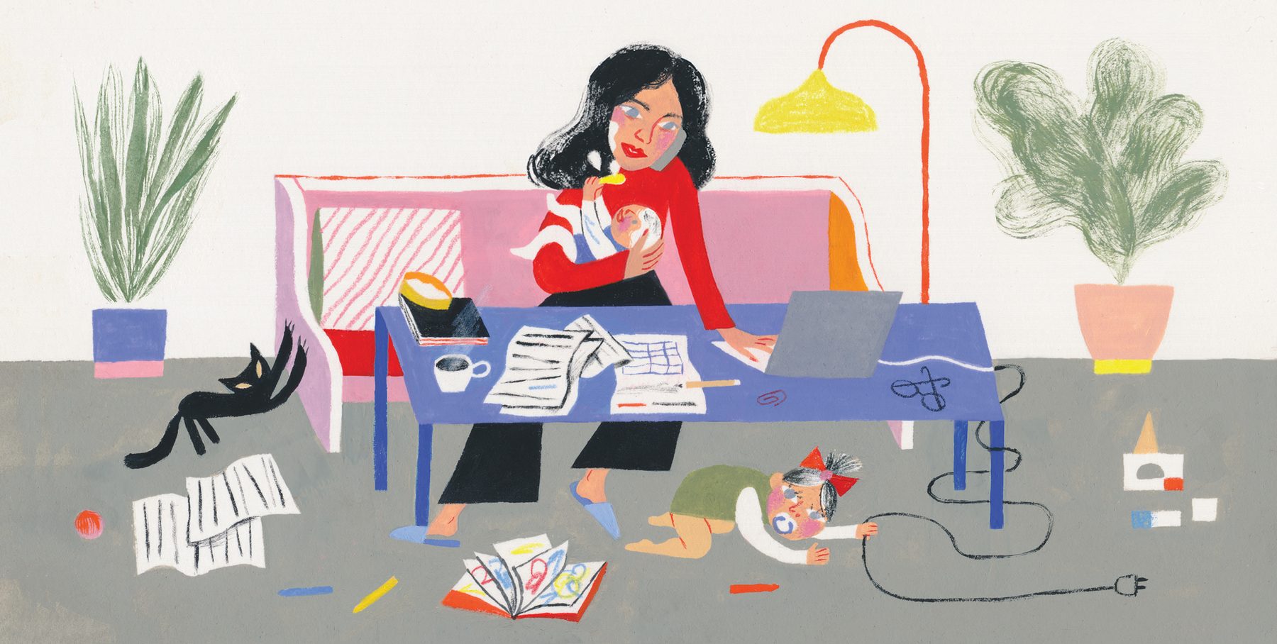 Working From Home With Kids Illustration of a mother working from home and her kids