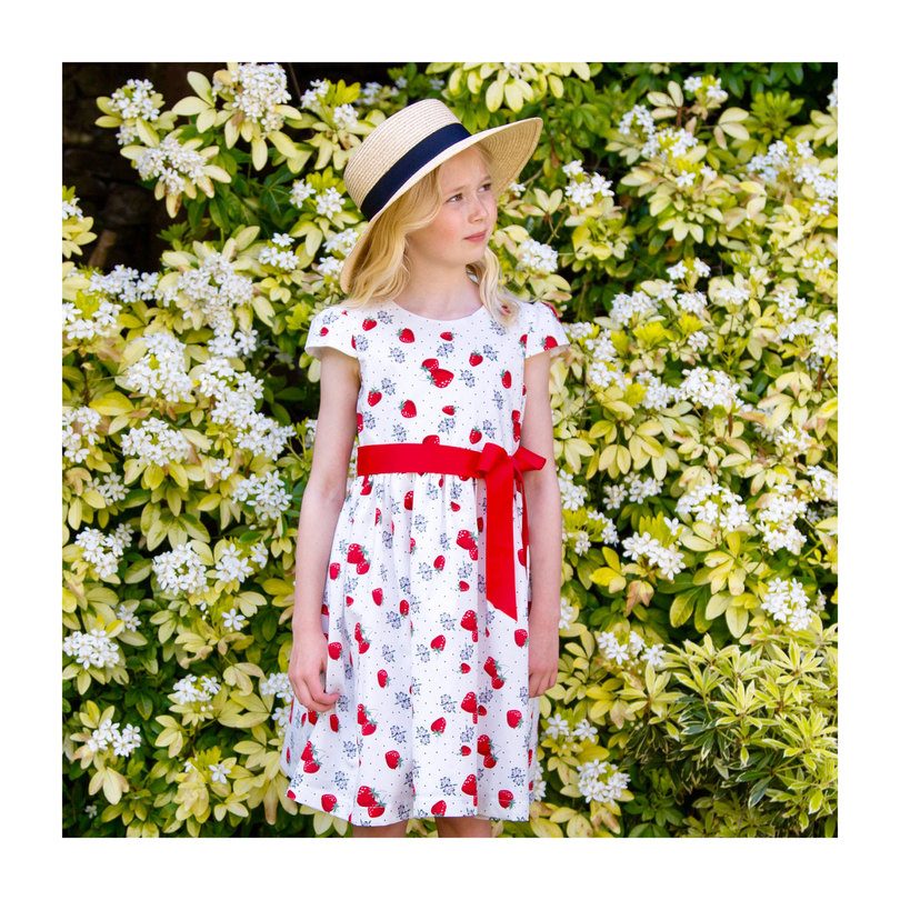 Cotton Strawberry Party Dress, White Cotton Strawberry Party Dress, White