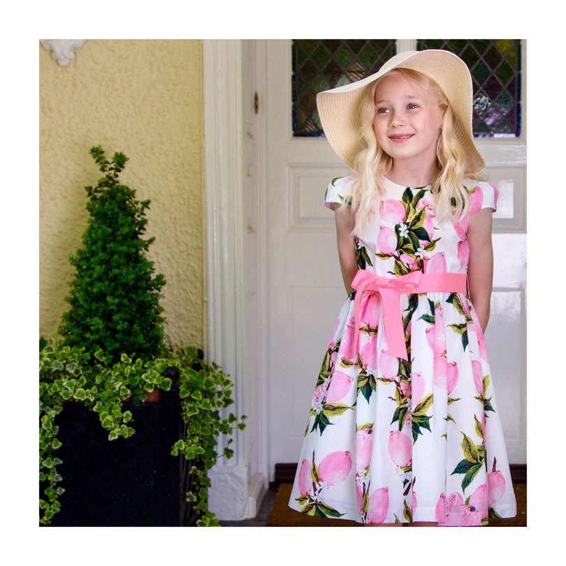 Cotton Pink Fruit Party Dress, White Cotton Pink Fruit Party Dress, White