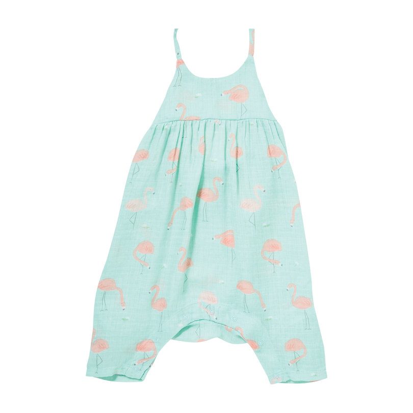Muslin Romper with Bow Back, Flamingo Muslin Romper with Bow Back, Flamingo