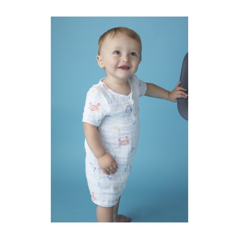 Muslin Henley Shortall, Little Fishies Muslin Henley Shortall, Little Fishies