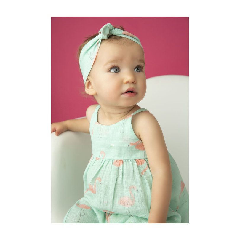 Muslin Romper with Bow Back, Flamingo Muslin Romper with Bow Back, Flamingo