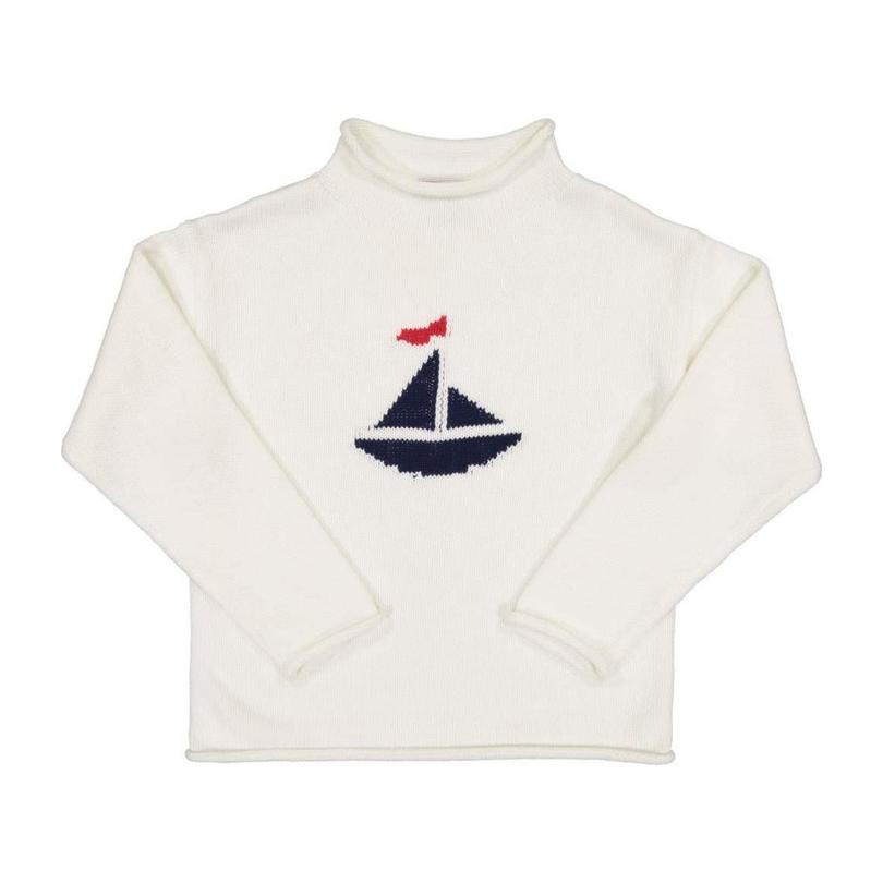Fraser Roll Neck Sweater, Bright White with Sailboat Intarsia Fraser Roll Neck Sweater, Bright White with Sailboat Intarsia