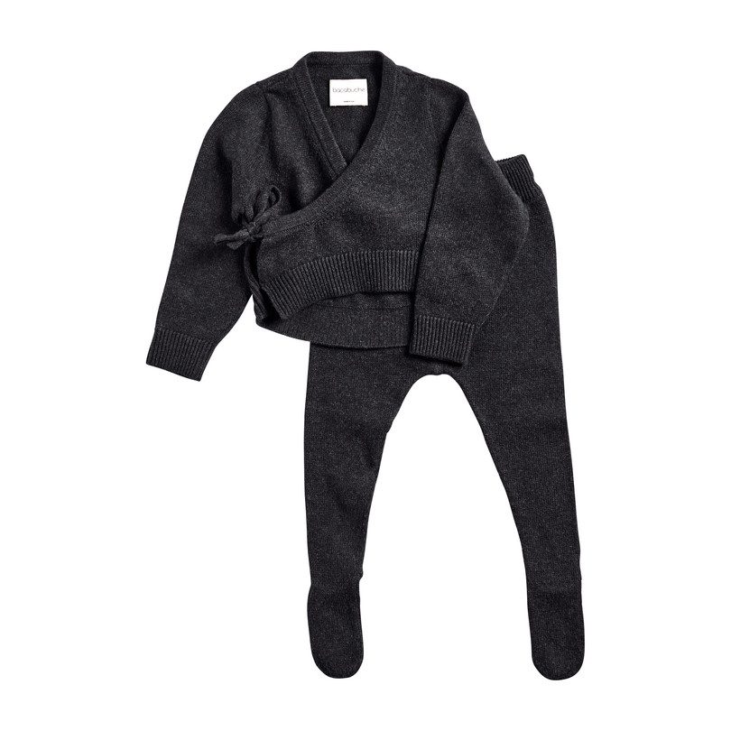 Knit Kimono Top & Footie Set, Black Charcoal Knit Kimono Top & Footie Set, Black Charcoal