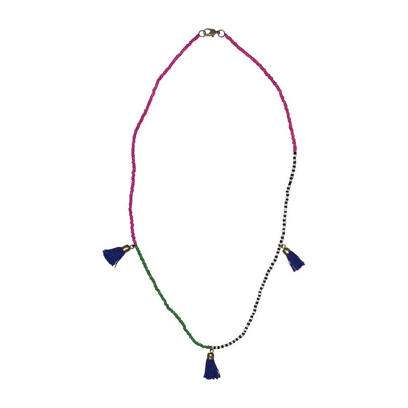 Beaded Tassel Necklace, Blue Beaded Tassel Necklace, Blue