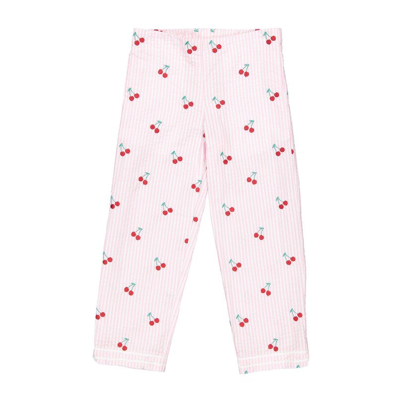Evie Cherries Embroidered Seersucker Pants, Pink - Pants - Maisonette
