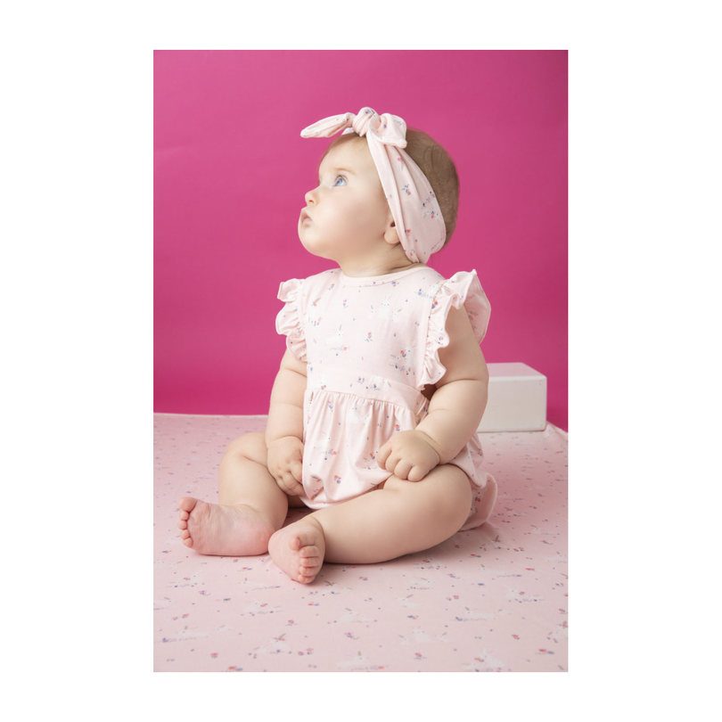 Baby Bunnies Apron Ruffle Sunsuit, Pink Baby Bunnies Apron Ruffle Sunsuit, Pink