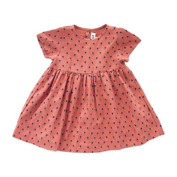 Oeuf Baby And Child Short Sleeved Dress Rust Pink With Tulip Print Oeuf Baby And Child Short Sleeved Dress Rust Pink With Tulip Print