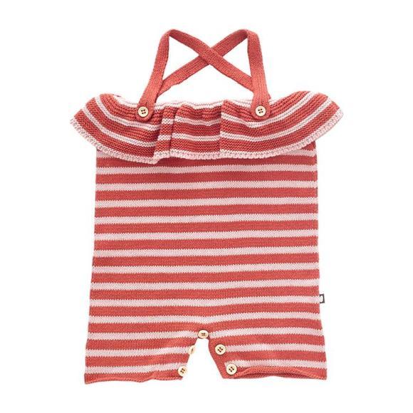 Oeuf Baby Ruffle Knitted Romper With Rust Pink And Light Pink Stripes Oeuf Baby Ruffle Knitted Romper With Rust Pink And Light Pink Stripes