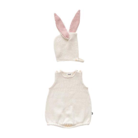 Oeuf Baby Two Piece Set Romper With Bunny Hat White Oeuf Baby Two Piece Set Romper With Bunny Hat White