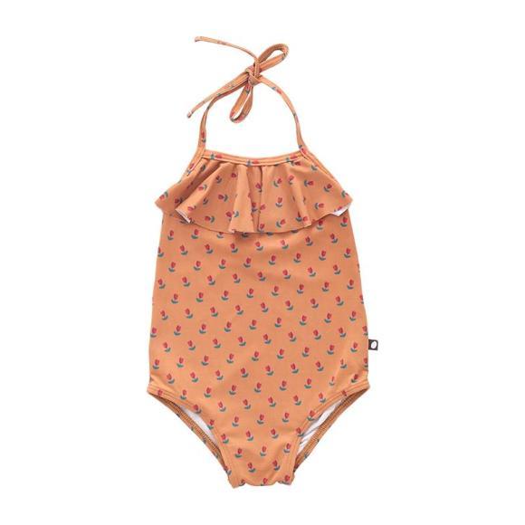 Oeuf Baby And Child Halter Swimsuit With Ruffle Ochre Yellow With Tulip Print Oeuf Baby And Child Halter Swimsuit With Ruffle Ochre Yellow With Tulip Print
