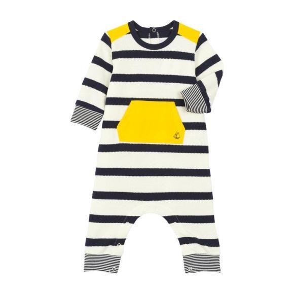 Petit Bateau Baby Jumpsuit With Yellow Pocket And Shoulder Patches White And Navy Blue Stripes Petit Bateau Baby Jumpsuit With Yellow Pocket And Shoulder Patches White And Navy Blue Stripes