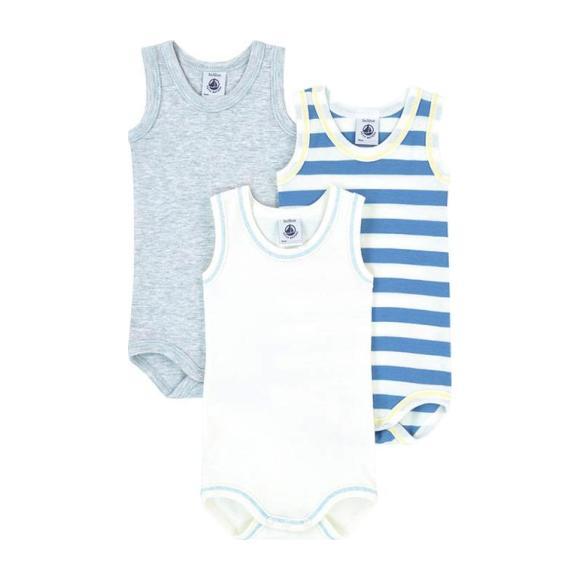 Petit Bateau Baby Set Of Three Sleeveless Bodysuits White, Blue And Grey Petit Bateau Baby Set Of Three Sleeveless Bodysuits White, Blue And Grey