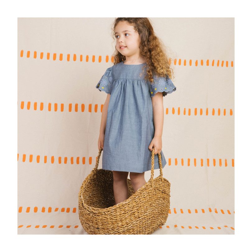 Embroidered Chambray Dress, Medium Denim Embroidered Chambray Dress, Medium Denim