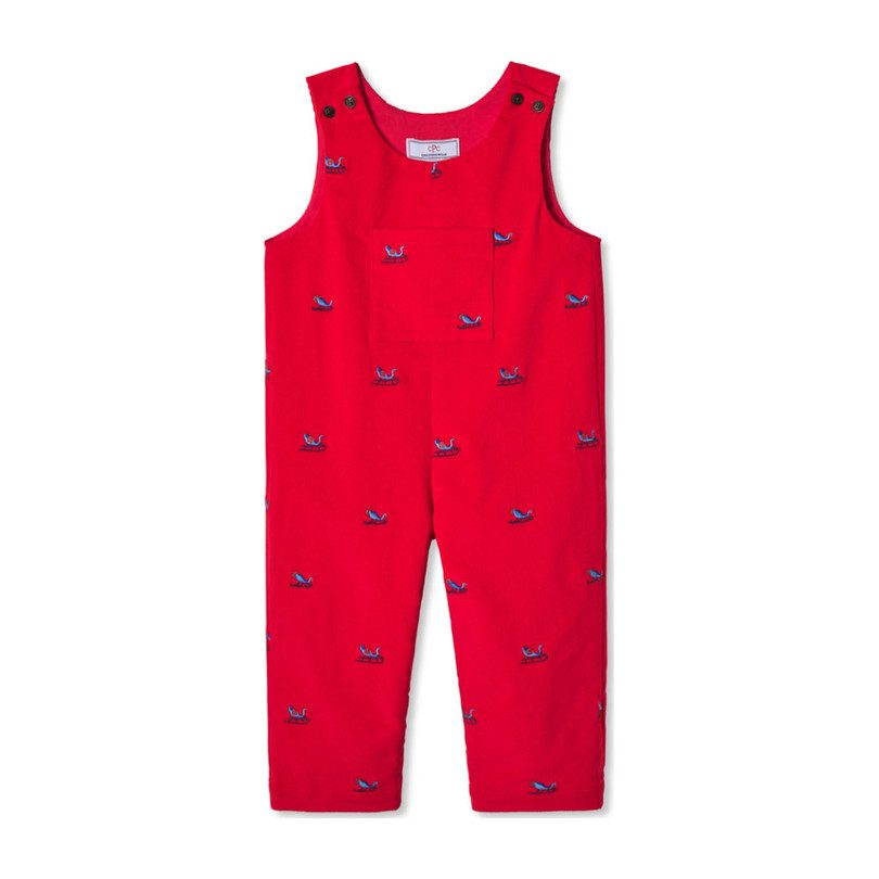 Tucker Embroidered Overall, Tomato with Sleighs Tucker Embroidered Overall, Tomato with Sleighs