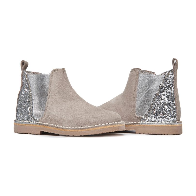 Chelsea Boots, Taupe Suede and Silver Sparkle