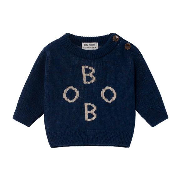 Baby Sweater With Jacquard Bobo Pattern, Blue Baby Sweater With Jacquard Bobo Pattern, Blue