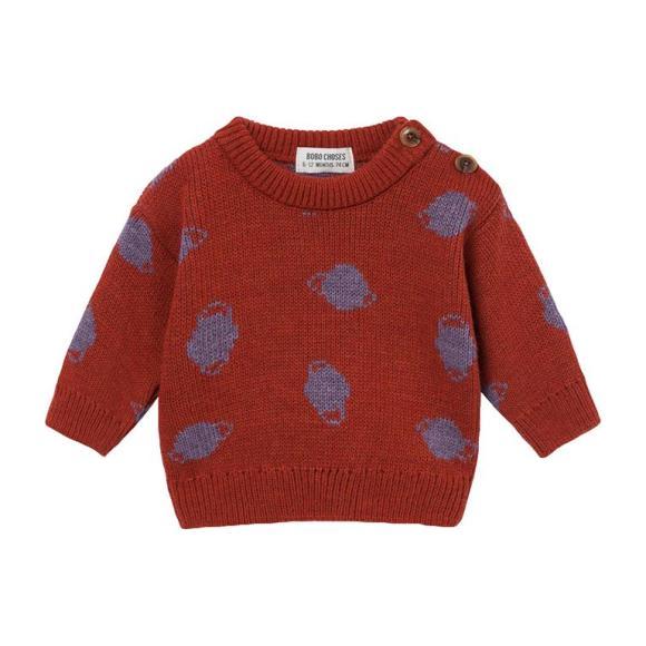 Baby Sweater With Jacquard Purple Saturn Pattern, Red Baby Sweater With Jacquard Purple Saturn Pattern, Red