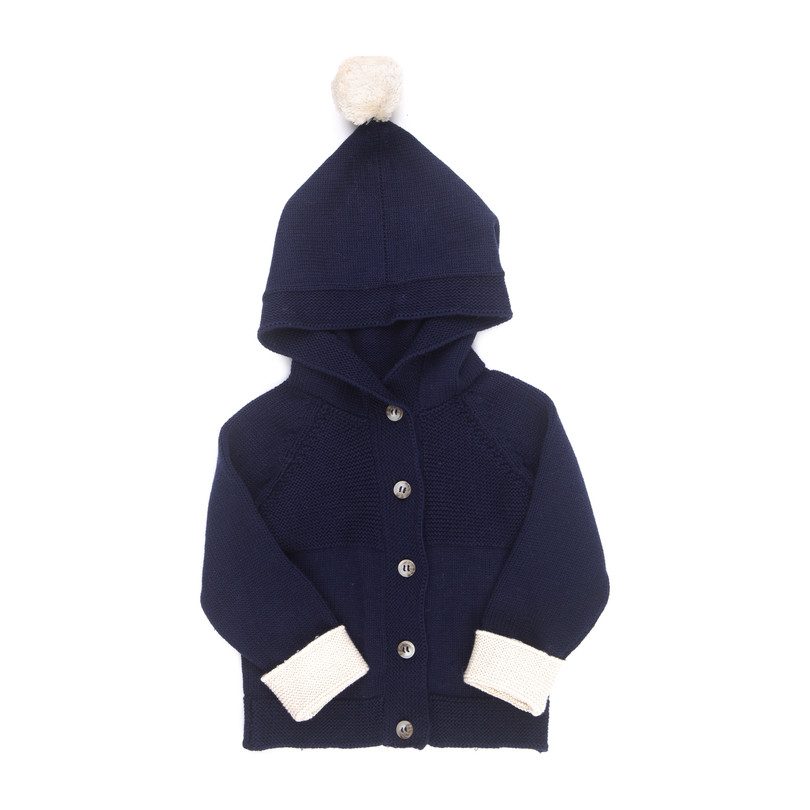 Hooded Cardigan with PomPom, Navy Hooded Cardigan with PomPom, Navy