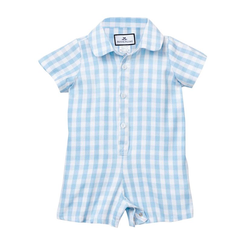 Light Blue Gingham Summer Romper - Sleepwear - Maisonette