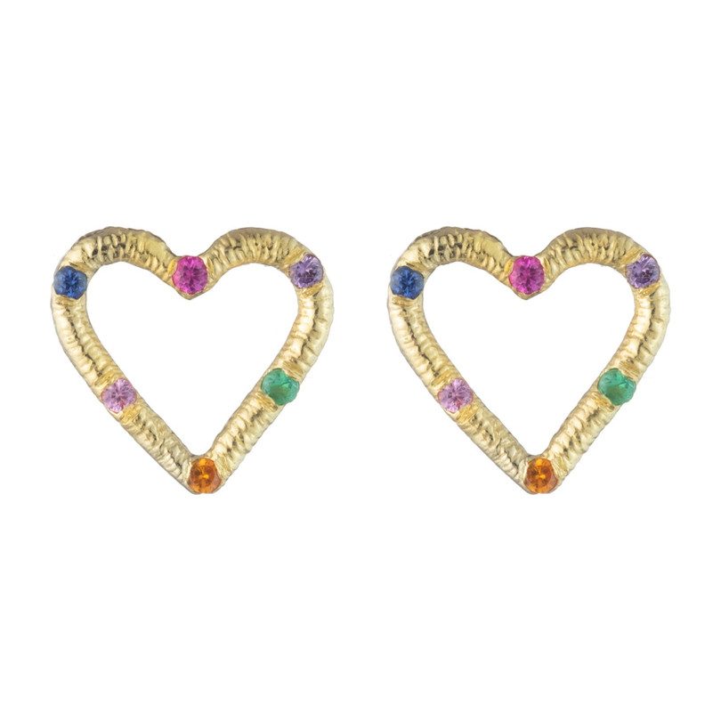 *Exclusive* Mini Heart Stud Earrings, 18K Yellow Gold & Precious Stones *Exclusive* Mini Heart Stud Earrings, 18K Yellow Gold & Precious Stones
