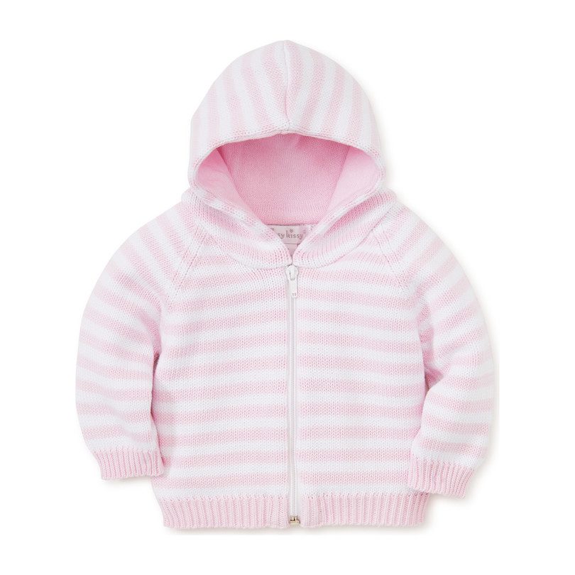 Rugby Stripe Knit Hooded Cardigan, Pink - Tops - Maisonette