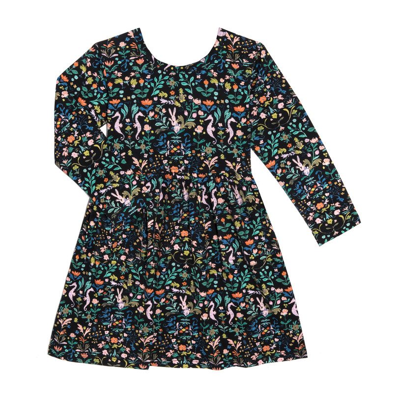 Marley Long Sleeve Jersey Dress, Midnight Flowers & Rabbits Marley Long Sleeve Jersey Dress, Midnight Flowers & Rabbits