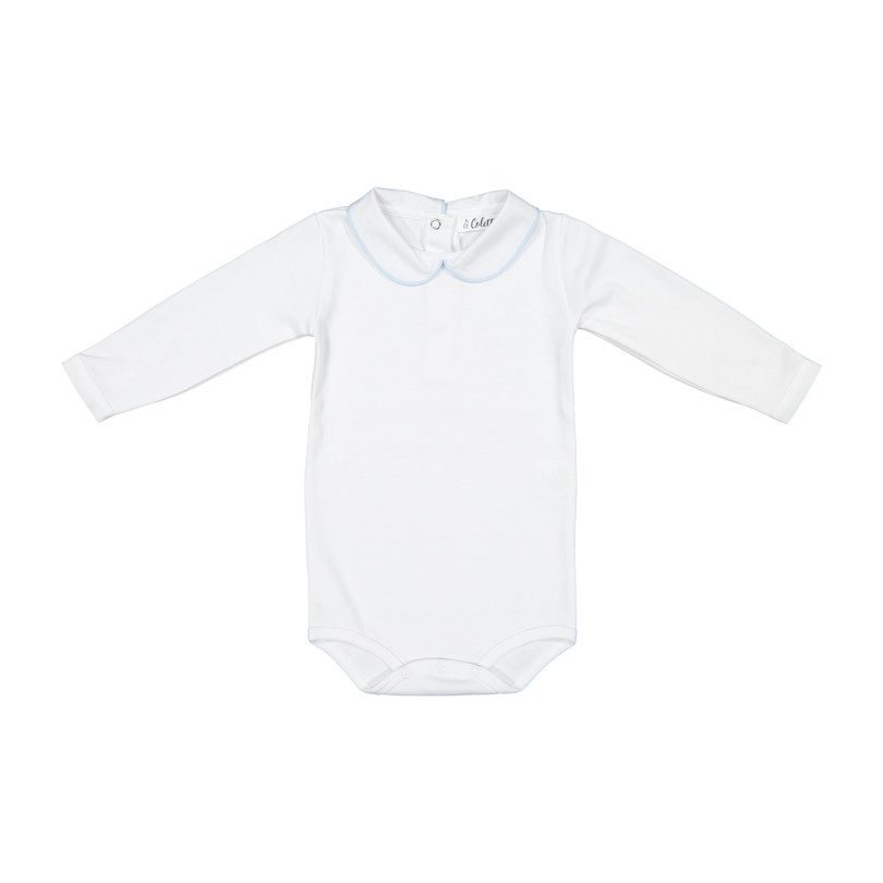 Long Sleeved Collared Bodysuit, White with Blue Trim Long Sleeved Collared Bodysuit, White with Blue Trim