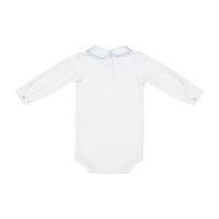 Long Sleeved Collared Bodysuit, White with Blue Trim