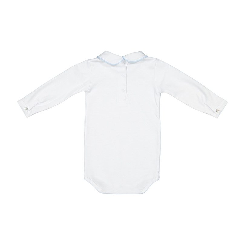 Long Sleeved Collared Bodysuit, White with Blue Trim Long Sleeved Collared Bodysuit, White with Blue Trim