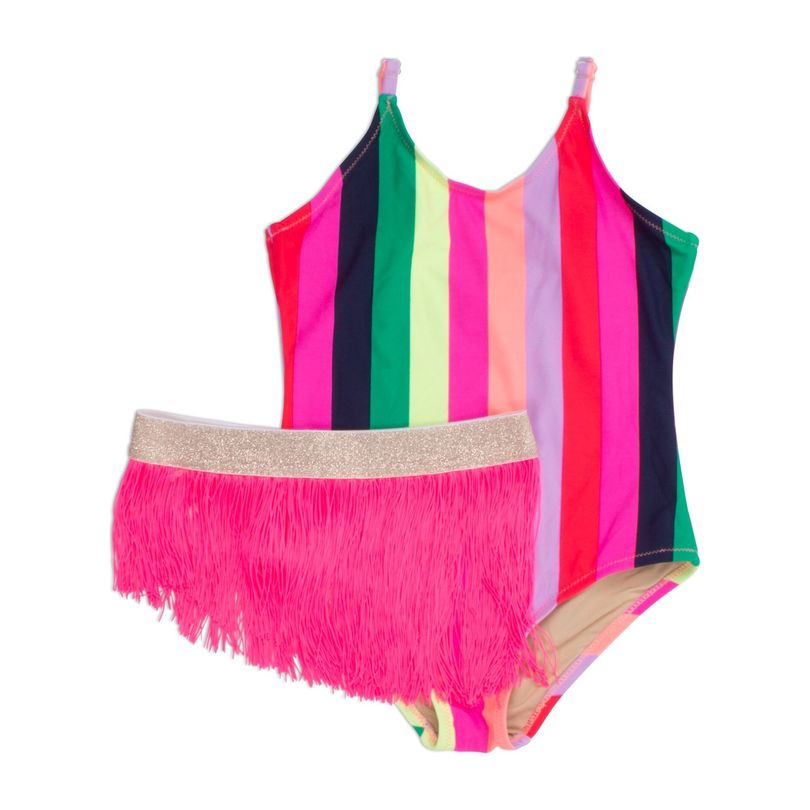 Stripe One Piece and Fringe Tutu, Pink Multi Swim