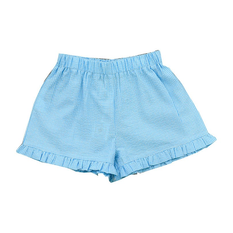 Lee Lee Ruffle Shorts, Turquoise Mini Checks - Shorts - Maisonette