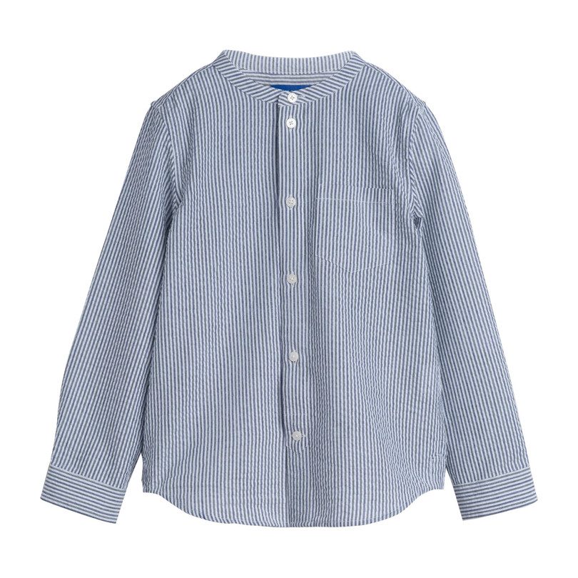 Finn Collarless Button Down, Navy & Green Stripe - Tops - Maisonette