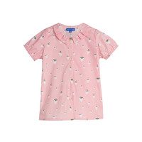 Stella Short Sleeve Pleated Collar Top, Pink Strawberries