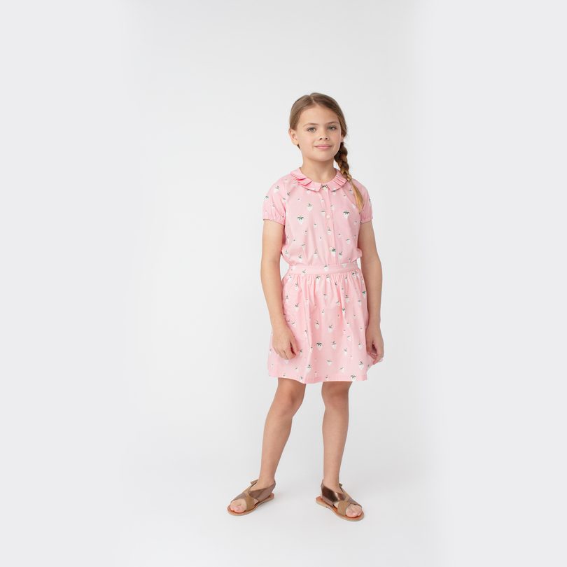 Stella Short Sleeve Pleated Collar Top, Pink Strawberries Stella Short Sleeve Pleated Collar Top, Pink Strawberries